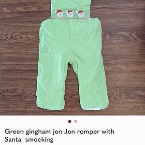 Green Gingham Jon Jon Romper with Santa Smocking